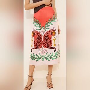 Anthropologie Red and Pink Tiger Midi Skirt